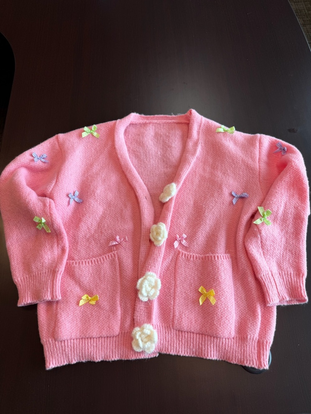Women’s Pink Embroidered Knit Cardigan with Flower Buttons
